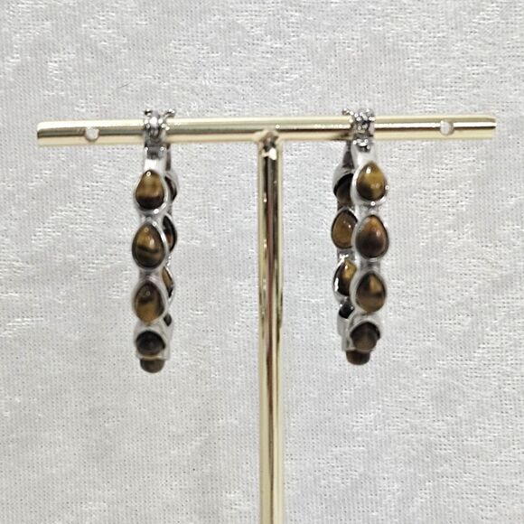 NEW, Tiger eye and stainless steel, large hoops. - Picture 1 of 7
